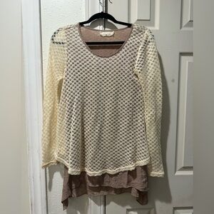 A'reve Cream and Brown Layered Knit Sweater